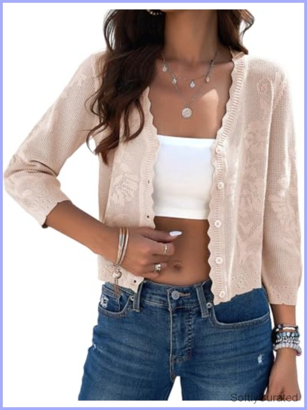 Women's Crochet Shrug Cardigan 3/4 Sleeve Button Up Lightweight